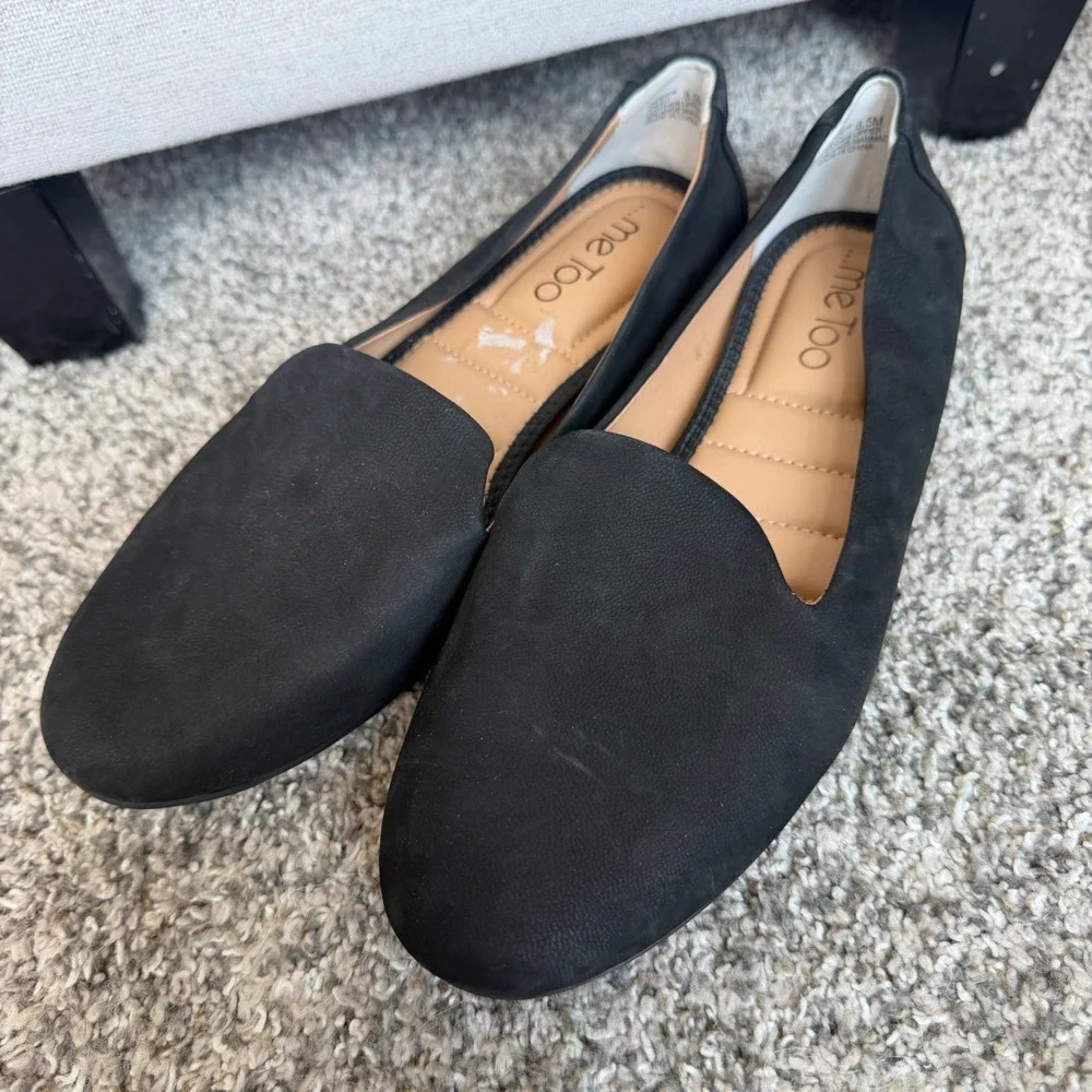 Me Too Yalec Black Leather Loafers Flats Womens 8.5M O200206 Almond Toe Slip On
